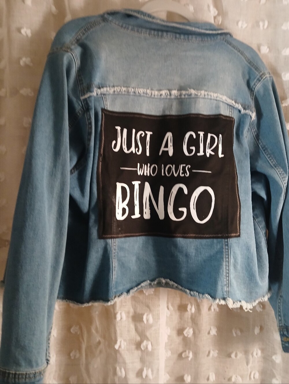 Custom Upcycle DISTRESSED CROPPED LUCKY BINGO DENIM JACKET